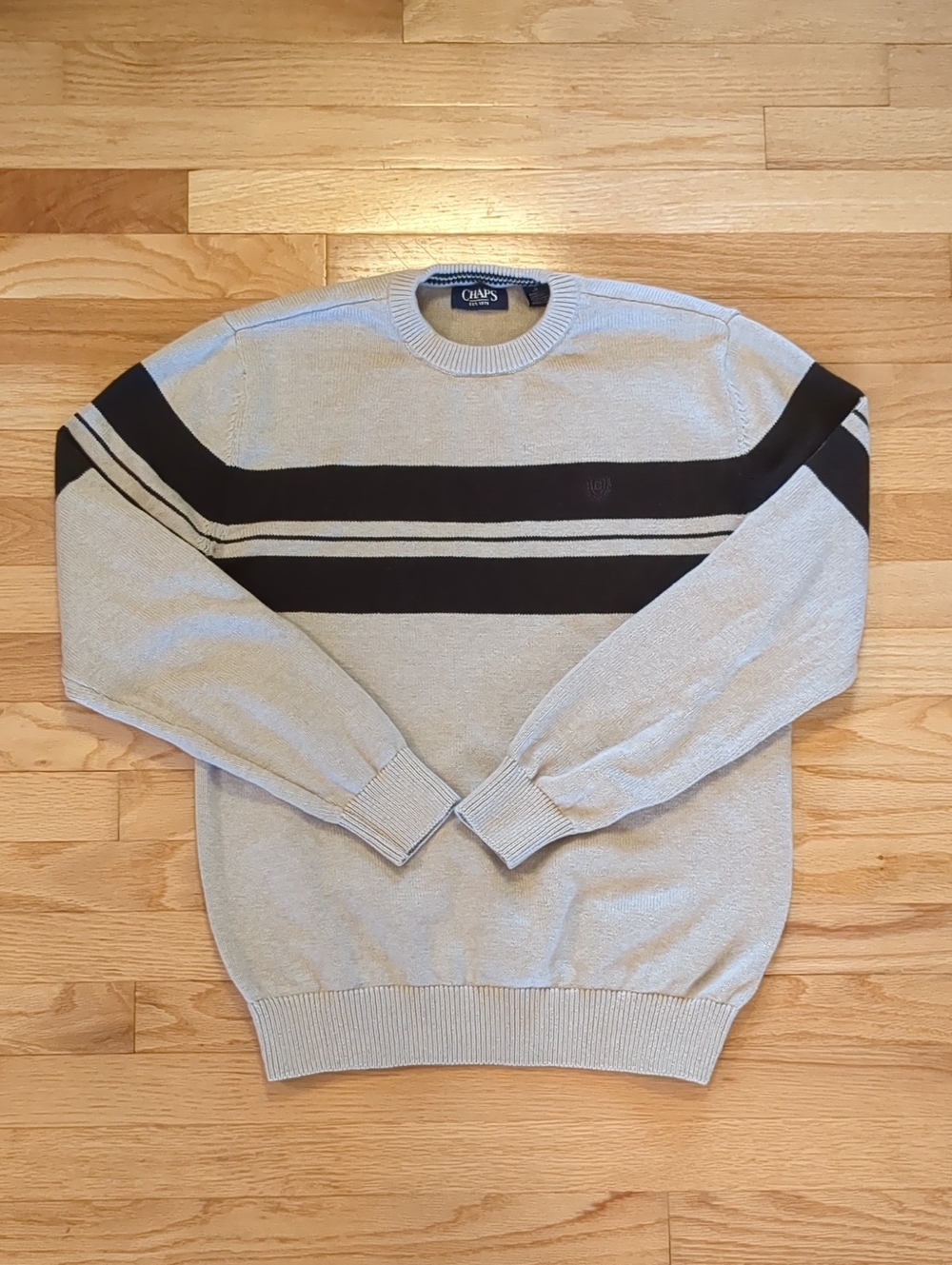 Chaps Men's Cream and Brown Striped Crewneck Sweater